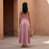 Pink Cotton Flax Ankle Length Flared Sundress