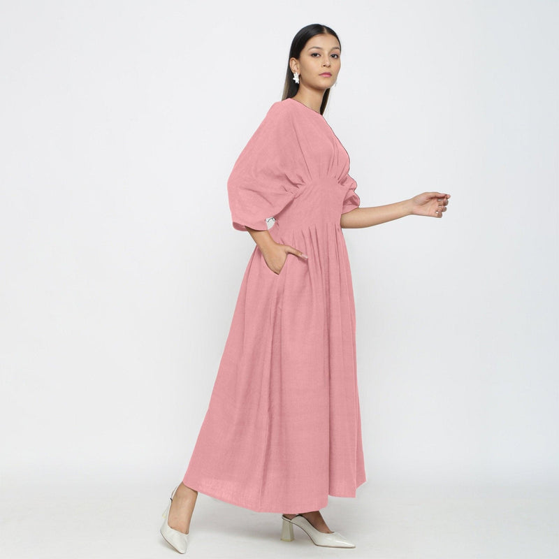 Pink Cotton Flax Ankle Length Pleated Flared Dress