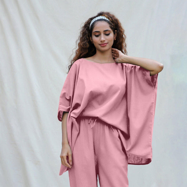 Pink Cotton Flax Boat Neck Short Kaftan Top