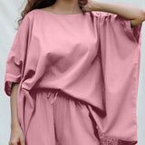 Pink Cotton Flax Boat Neck Short Kaftan Top