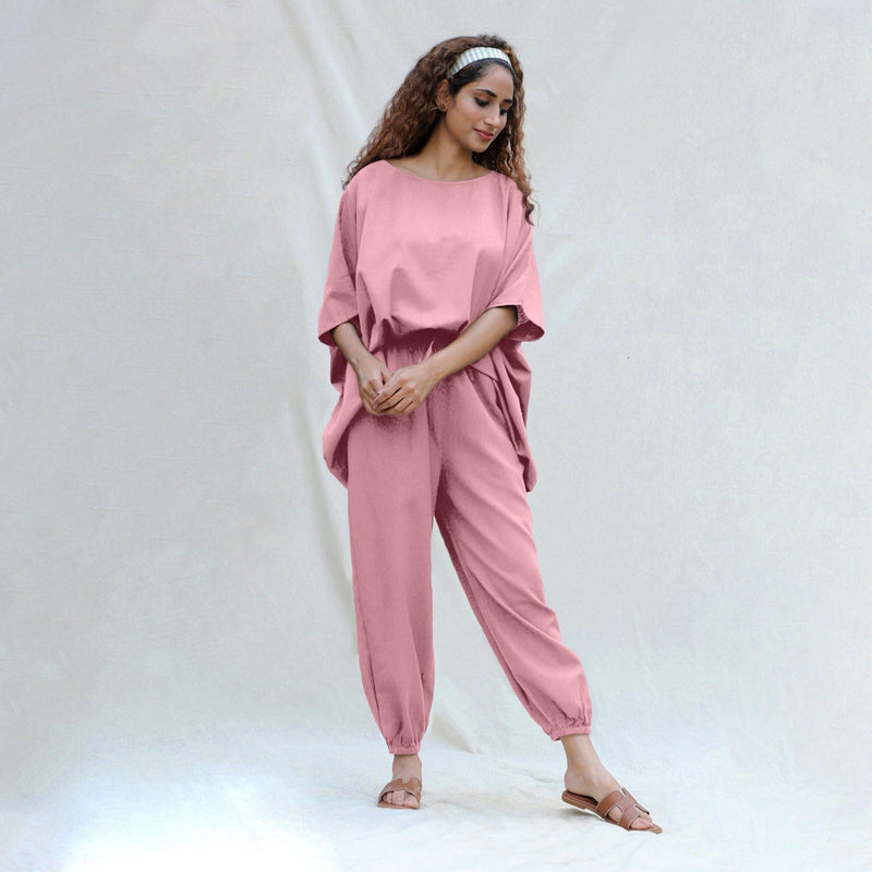 Pink Cotton Flax Boat Neck Short Kaftan Top