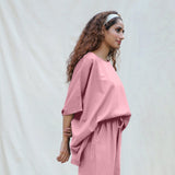 Pink Cotton Flax Boat Neck Short Kaftan Top