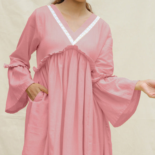 Pink Cotton Flax Bohemian Midi Dress