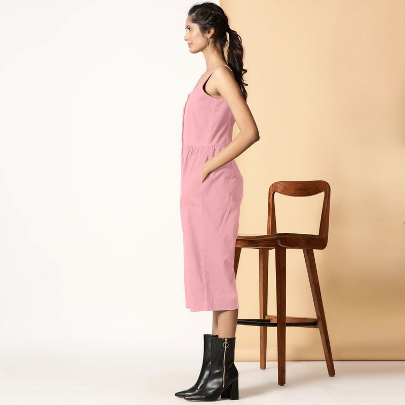 Left View of a Model wearing Chic Pink Cotton Button-Down Jumpsuit