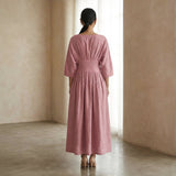 Pink Cotton Flax Cinched Waist Flared Maxi Dress