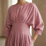 Pink Cotton Flax Cinched Waist Flared Maxi Dress