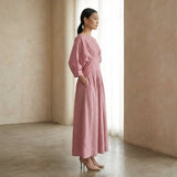 Pink Cotton Flax Cinched Waist Flared Maxi Dress