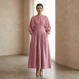 Pink Cotton Flax Cinched Waist Flared Maxi Dress