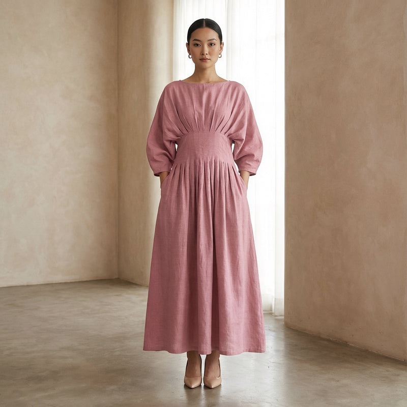 Pink Cotton Flax Cinched Waist Flared Maxi Dress 46" / Custom Height (Free)