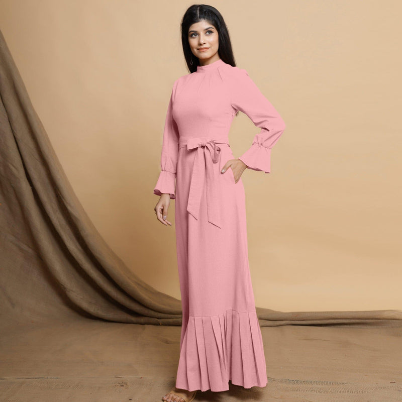 Pink Cotton Flax Crew Neck Floor Length Tier Dress