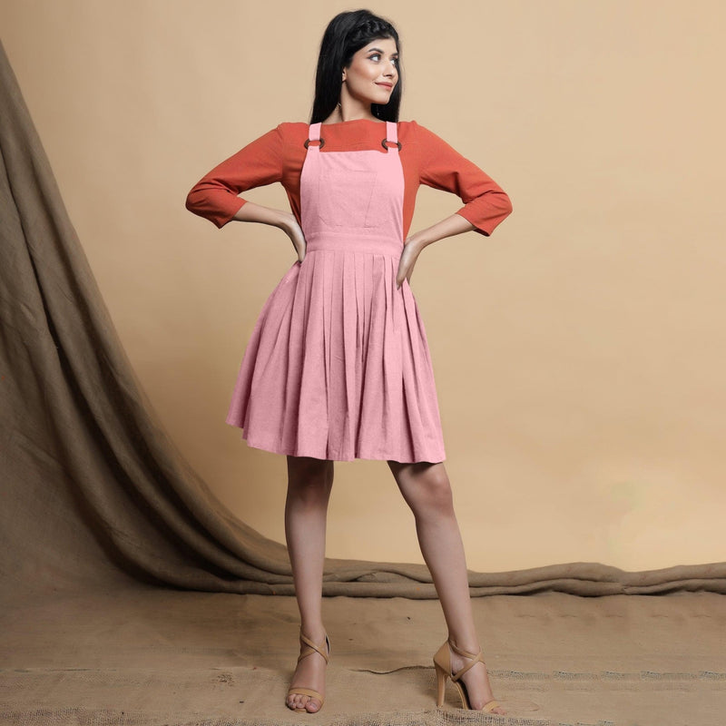 Front View of a Model wearing Pink Cotton Flax Pleated Knee Length Dress