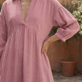 Pink Cotton Flax Deep-V Maxi Tier Dress