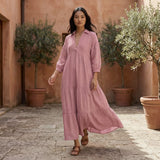Pink Cotton Flax Deep-V Maxi Tier Dress