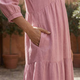Pink Cotton Flax Deep-V Maxi Tier Dress
