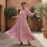 Pink Cotton Flax Deep-V Maxi Tier Dress