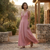 Pink Cotton Flax Deep V-Neck Cami Maxi Dress