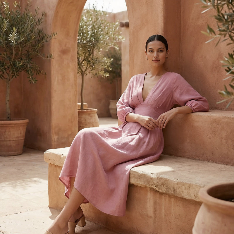 Pink Cotton Flax Deep-V Neck Empire Waist Maxi Dress 38