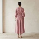 Pink Cotton Flax Deep-V Neck Empire Waist Maxi Dress