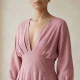 Pink Cotton Flax Deep-V Neck Empire Waist Maxi Dress