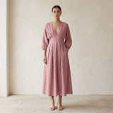 Pink Cotton Flax Deep-V Neck Empire Waist Maxi Dress
