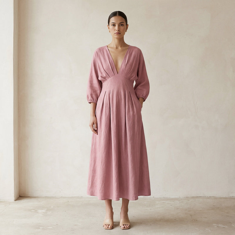 pink empire waist dress Light Chiffon - Pleated Dress - Dress 42/ 48 The small dress is made with a size 10 pattern Pink 70s Long Flowy Empire