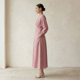 Pink Cotton Flax Deep-V Neck Empire Waist Maxi Dress