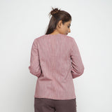 Back View of a Model wearing Pink Cotton Flax Button-Down Jacket