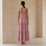 Pink Cotton Flax Drop-Waist Camisole Maxi Tier Dress