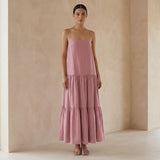 Pink Cotton Flax Drop-Waist Camisole Maxi Tier Dress