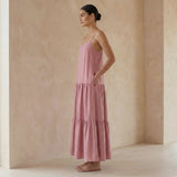 Pink Cotton Flax Drop-Waist Camisole Maxi Tier Dress