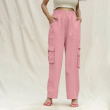 Pink Cotton Flax Elasticated High-Rise Cargo Pant