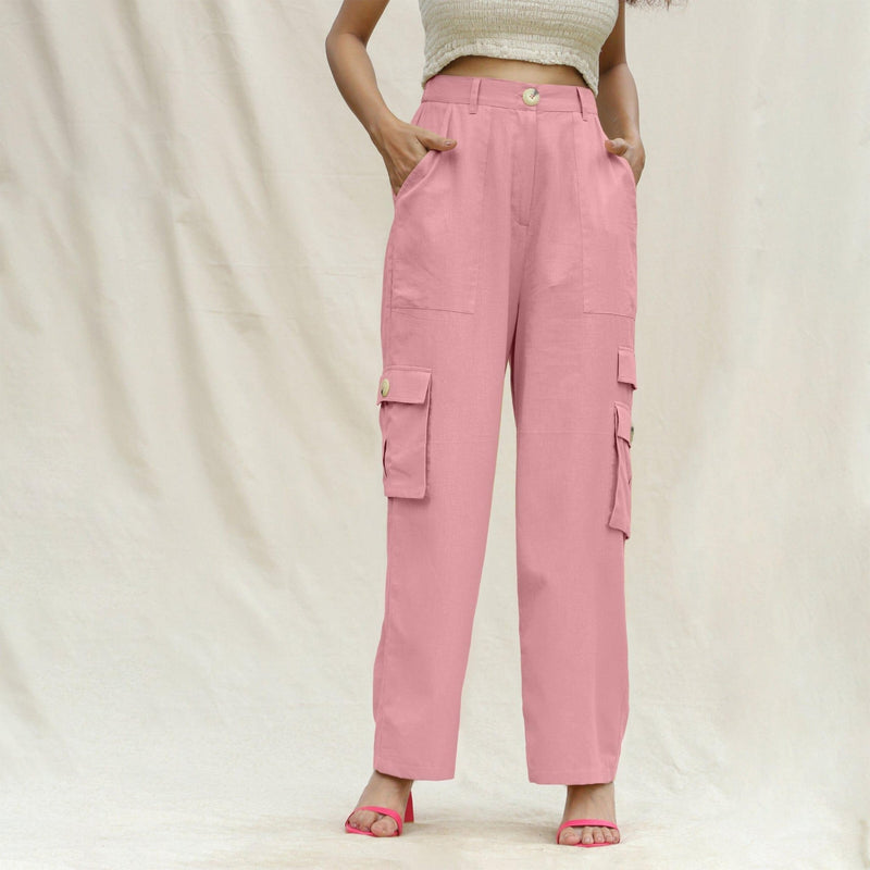 Pink Cotton Flax Elasticated High-Rise Cargo Pant