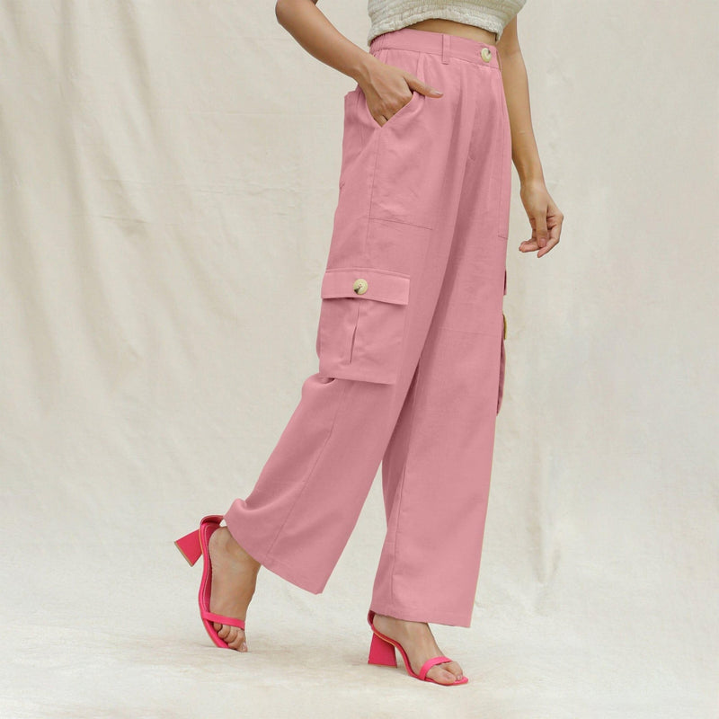 Pink Cotton Flax Elasticated High-Rise Cargo Pant