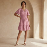 Pink Cotton Flax Elasticated Short Tier Dress