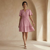 Pink Cotton Flax Elasticated Short Tier Dress