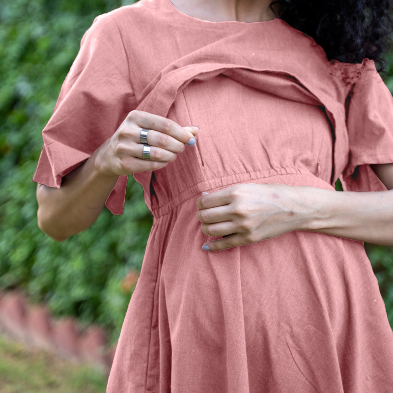 Pink Cotton Flax Fit and Flare Knee Length Pre and Post Maternity Dress 54" / Regular (5'2" - 5'6") Pink Cotton Flax Fit and Flare Knee Length Pre and Post Maternity Dress 54" / Regular (5'2" - 5'6")