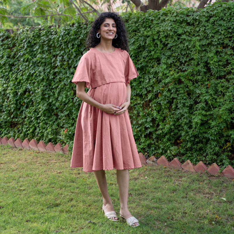 Pink Cotton Flax Fit and Flare Knee Length Pre and Post Maternity Dress 54" / Regular (5'2" - 5'6") Pink Cotton Flax Fit and Flare Knee Length Pre and Post Maternity Dress 54" / Regular (5'2" - 5'6")