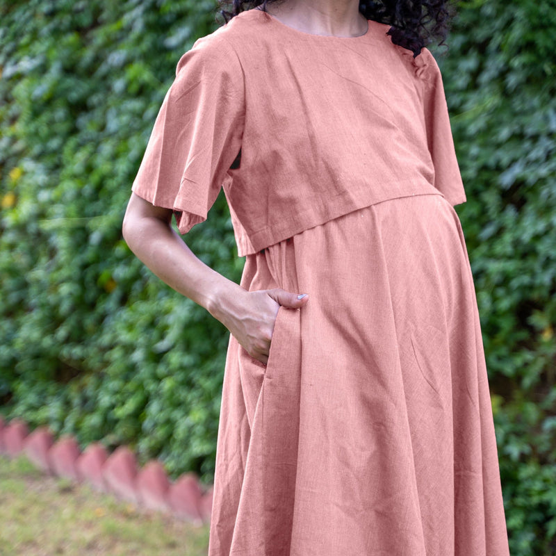 Pink Cotton Flax Fit and Flare Knee Length Pre and Post Maternity Dress 54" / Regular (5'2" - 5'6") Pink Cotton Flax Fit and Flare Knee Length Pre and Post Maternity Dress 54" / Regular (5'2" - 5'6")