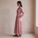 Pink Cotton Flax Fit and Flare Maxi Tier Dress