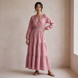 Pink Cotton Flax Fit and Flare Maxi Tier Dress