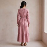 Pink Cotton Flax Fit and Flare Maxi Tier Dress