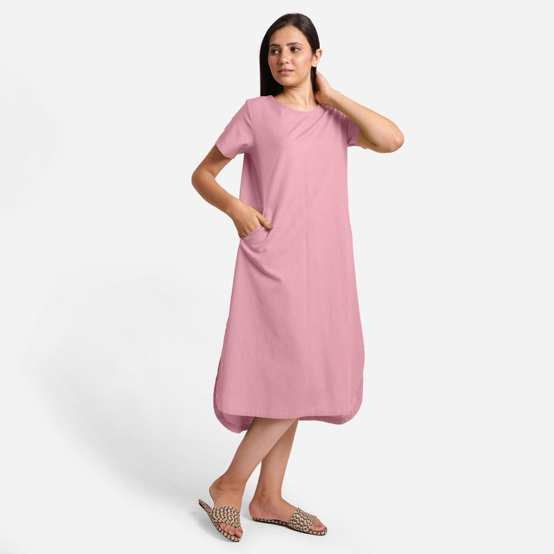 Front View of a Model wearing Pink Cotton Welt Pocket Shift Dress