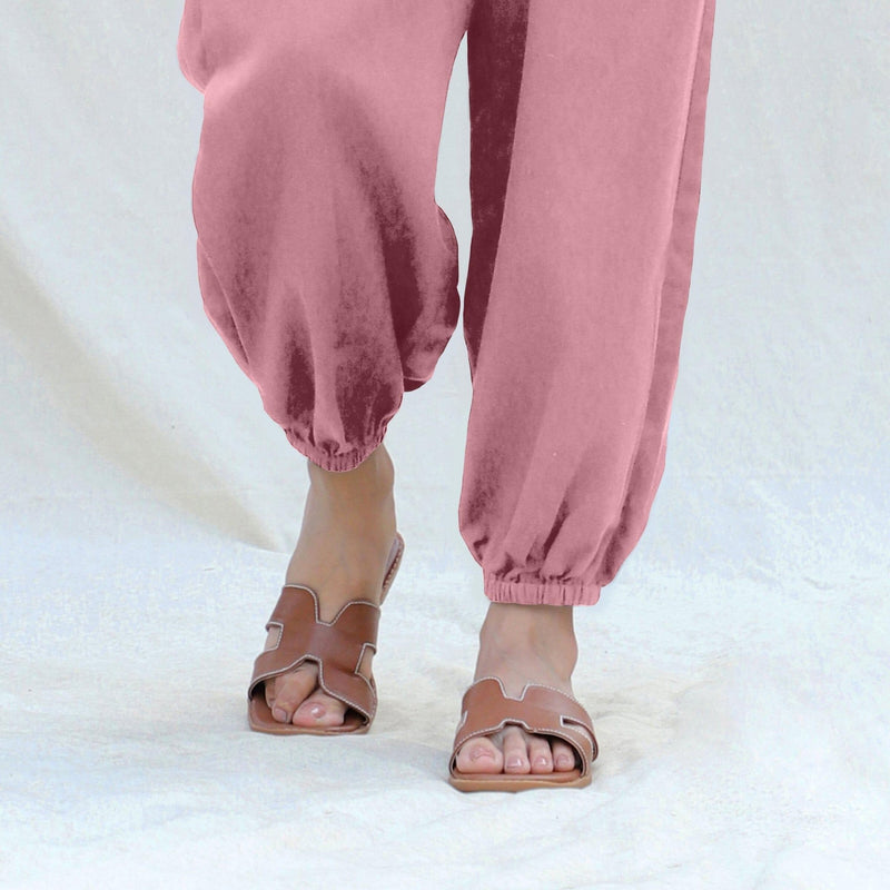 Pink Cotton Flax High-Rise Elasticated Jogger Pant