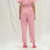 Pink Cotton Flax High-Rise Elasticated Paperbag Pant