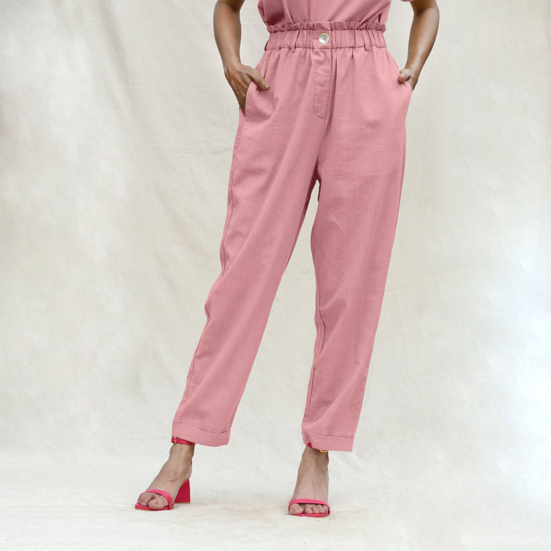 Pink Cotton Flax High-Rise Elasticated Paperbag Pant