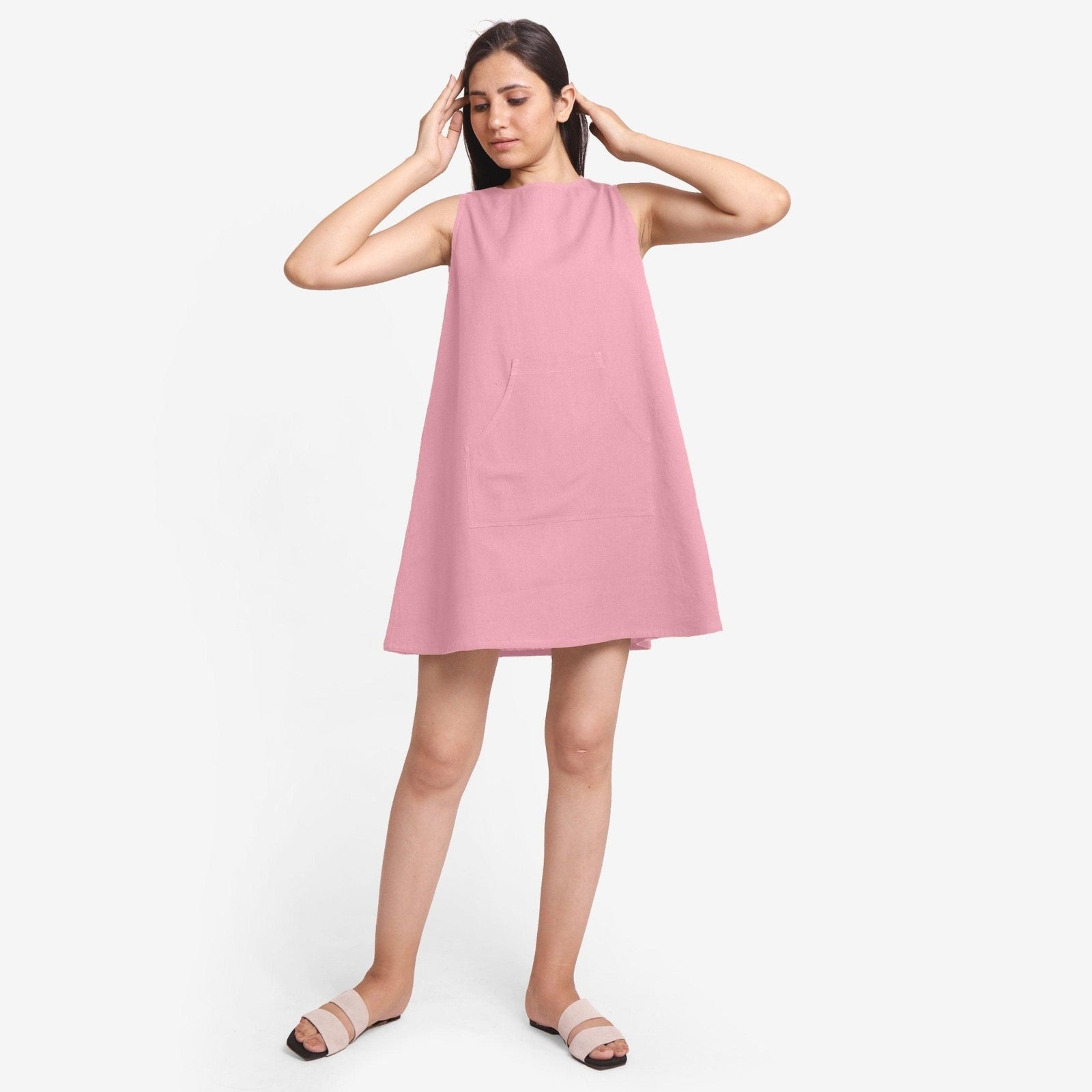 Pink Cotton Flax Kangaroo Pocket Mini Dress 66" / Tall (5'7" and above) Pink Cotton Flax Kangaroo Pocket Mini Dress 66" / Tall (5'7" and above)