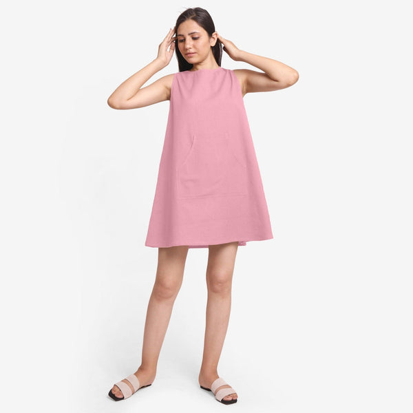 Front View of a Model wearing Pink Cotton Flax Kangaroo Pocket Dress