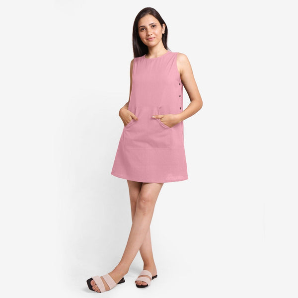 Front View of a Model wearing Pink Cotton Flax Kangaroo Pocket Dress