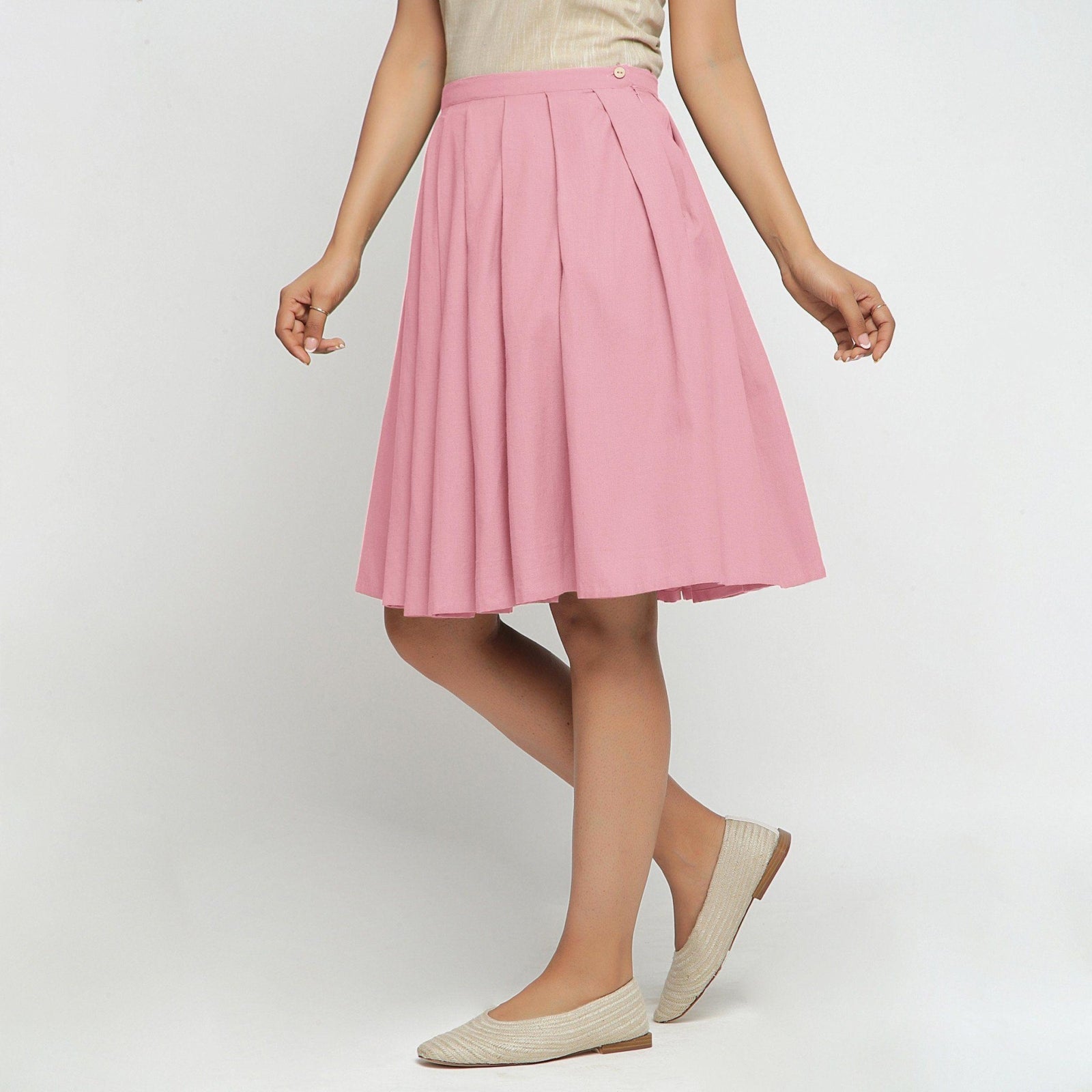 Buy Pink Cotton Flax Knee Length Pleated Skirt Online at SeamsFriendly