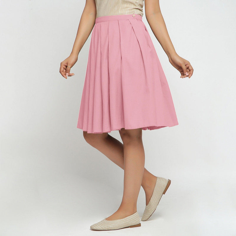 Buy Pink Cotton Flax Knee Length Pleated Skirt Online at SeamsFriendly